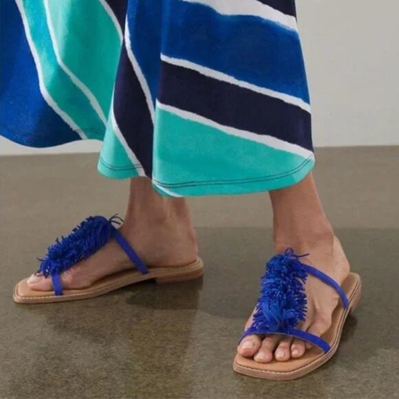Chico's NEW Delray Royal Cobalt Blue Suede Fringe Slide Cushioned Summer Sandals - Picture 1 of 11